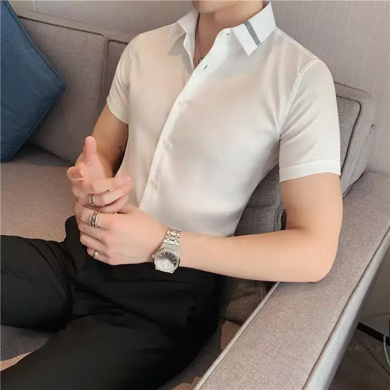 Summer High Quality Striped Ribbon Short Sleeve Shirt Men's Slim Fit Business Formal Wear Blouse Streetwear Plus Size 4XL-M