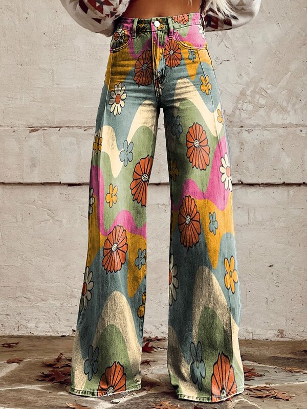 Fashionable women's wide leg pants with sunflower flower design for daily shopping and casual men's wide leg pants