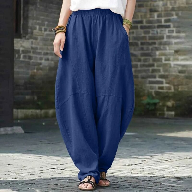 Pantalones de pierna ancha de lino y algodón para mujer, pantalón holgado informal, ropa de calle