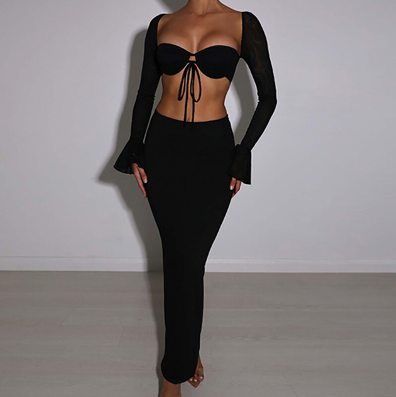 Backless Sexy Two Piece Set 2023 Lace Up Top Hollow Out Long Skirt Women Set Elegant Party 2 Piece Set Women Set