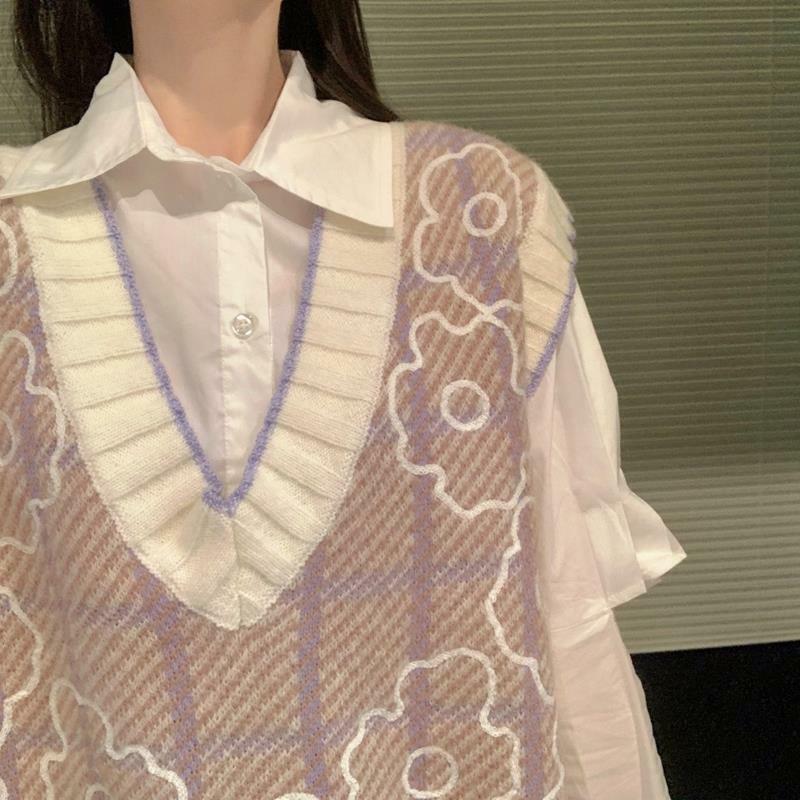 Rompi rajut motif bunga, atasan Sweater tanpa lengan gaya Korea Harajuku longgar pendek warna polos, leher V cocok untuk wanita