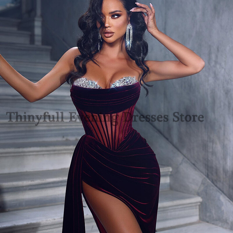 Thinyfull-Vestidos de Fiesta de sirena burdeos, vestido de noche de terciopelo con cuentas, abertura alta, talla grande, 2023