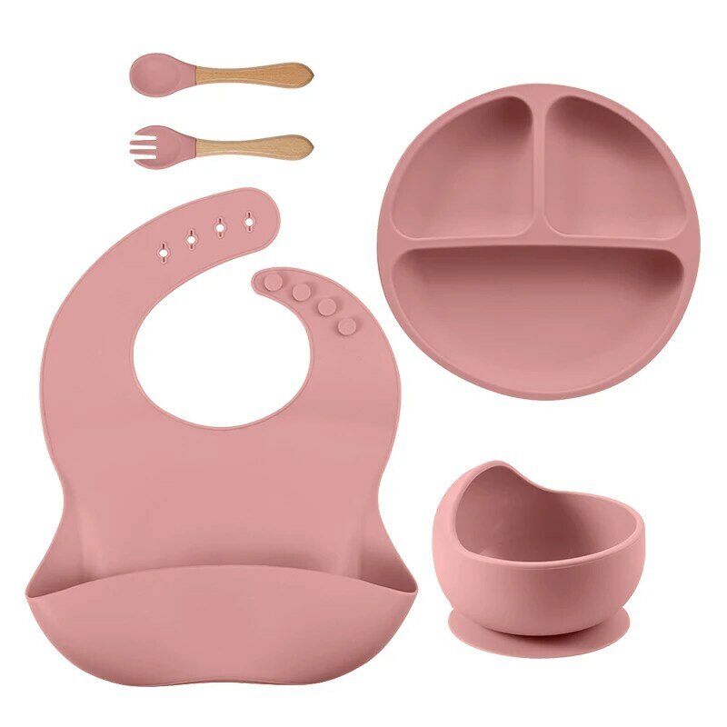 Bpa kostenlos Baby Silikon Geschirr Set mit geteilten Baby Teller Fütterung schalen Stroh Tasse und Löffel für Kleinkind Training