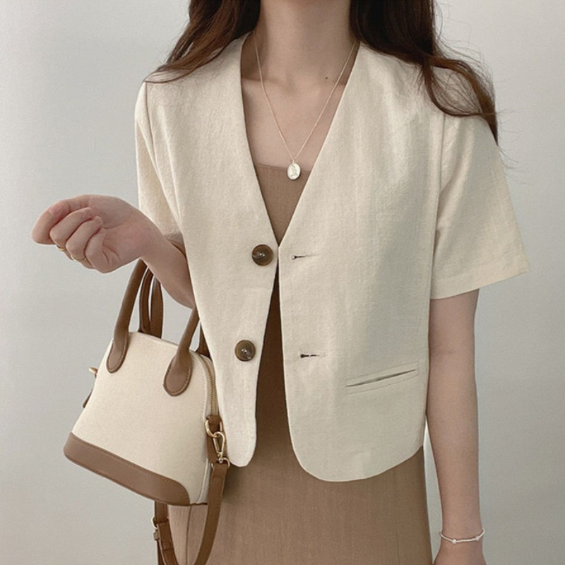 Coreano moda scollo a v cotone e lino Casual manica corta due bottoni giacca da donna estate nuovo Set completo Cardigan Top