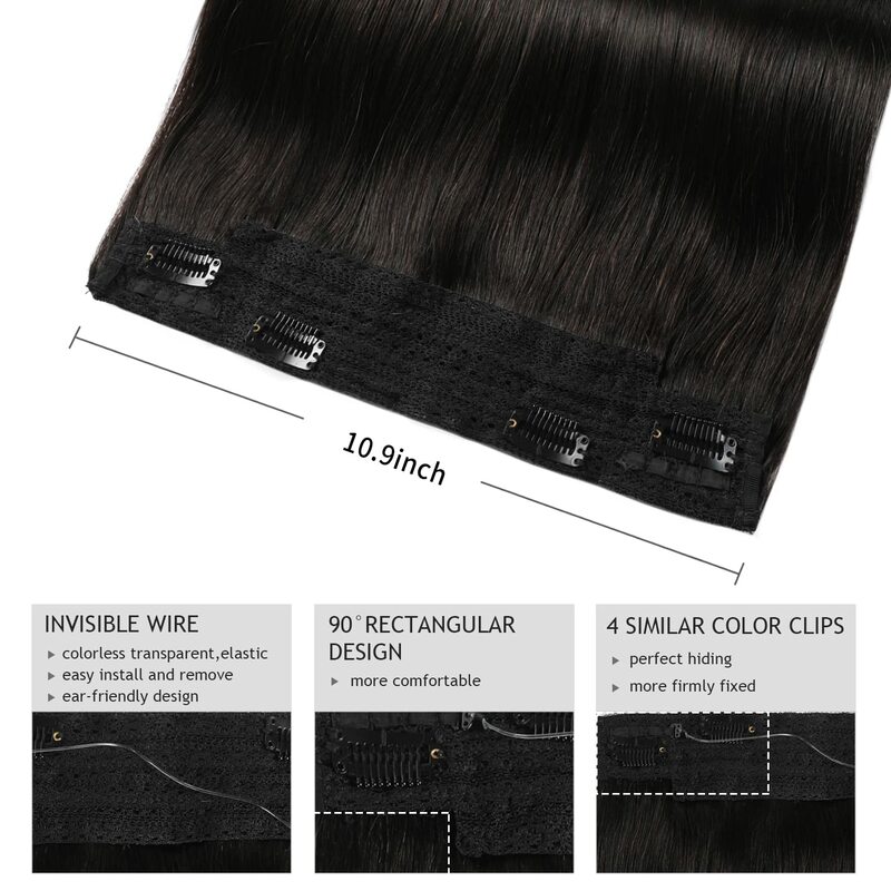 Rechte Vislijn Human Hair Extensions Clip In Één Stuk Onzichtbaar Visdraad Met 4-Clips Remy Hair Natural Black 1b #