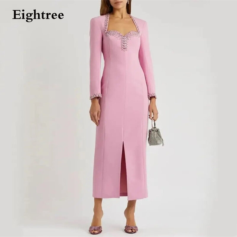 Eightree 핑크 긴 이브닝 파티 드레스, 긴 소매 구슬, 반짝이는 목, 격식 있는 무도회 원피스, 특별한 날 가운, 전면 스플릿