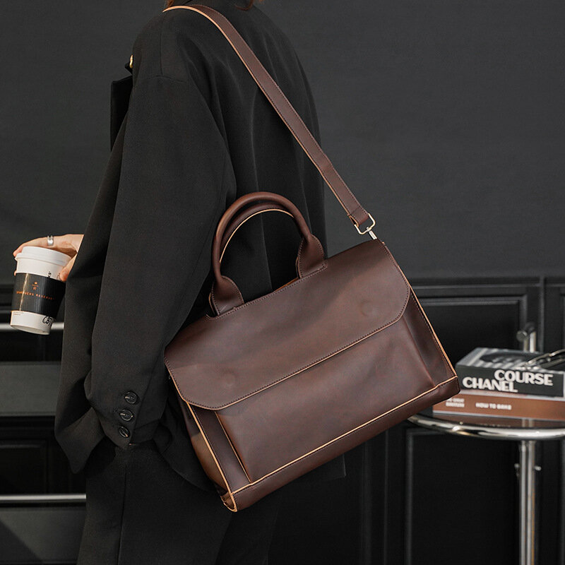 Vintage Men Business Handbag Briefcase Vegan Leather Laptop Bags Waterproof Portable Document Office Shoulder Crossbody Bag