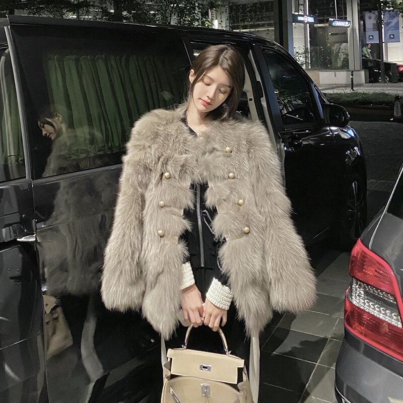 Abrigo de piel sintética para mujer, abrigo de moda coreana, mangas largas, suave y ligero, doble pecho, moderno, Invierno