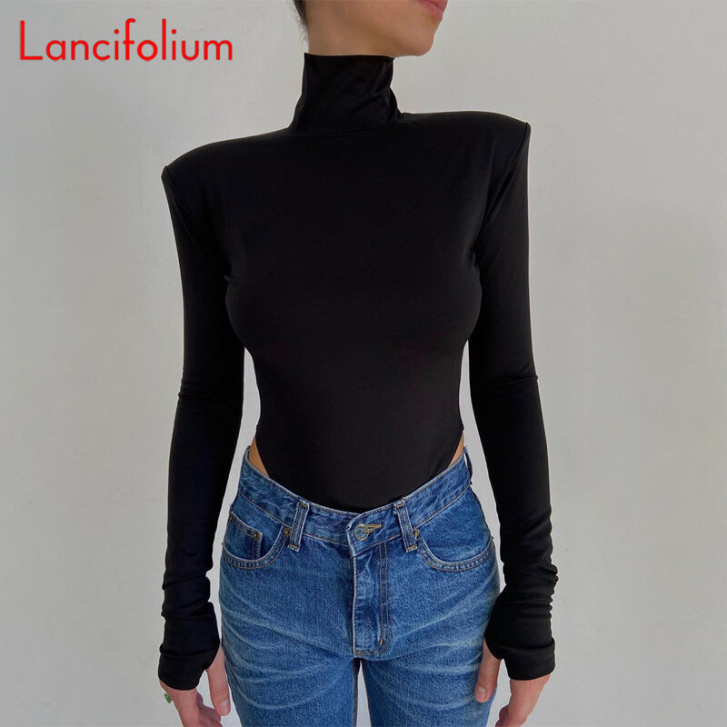 Bodysuit feminino sem costas manga longa meia gola alta, macacão vintage preto, macacão sexy, camiseta de streetwear, verão, outono