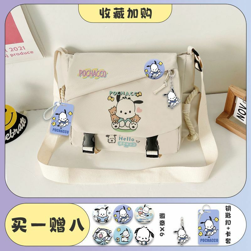 Sanrio tas selempang anjing Pacha, kantung kanvas portabel, satu bahu kelas pelajar tahan air untuk pria dan wanita