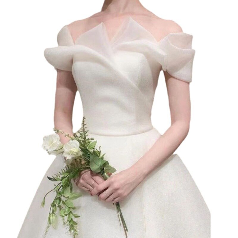 Gaun pernikahan Korea bahu terbuka sederhana gaun panjang baru gaun pernikahan renda tanpa lengan untuk wanita dibuat sesuai pesanan ukuran Plus