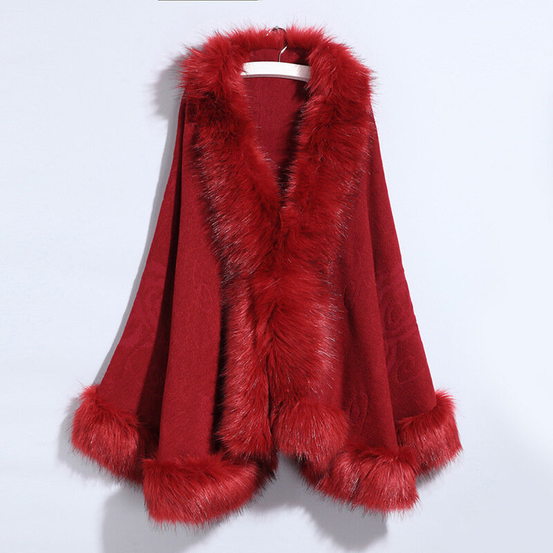 Manteau en tricot avec col en fourrure de renard pour femme, cape monochrome, vêtements d'extérieur chauds décontractés, nouvelle collection, hiver 2023
