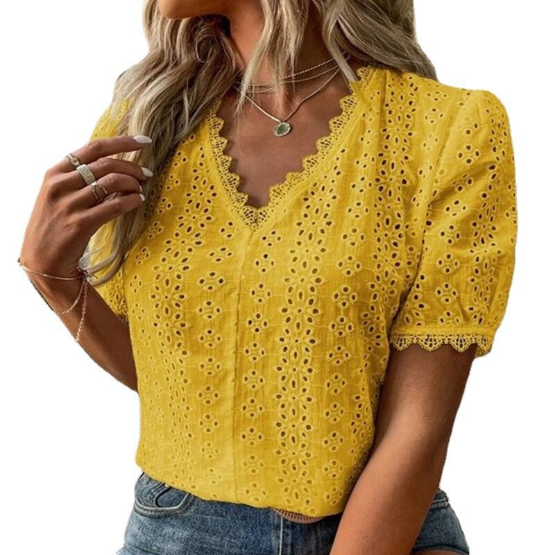 Damska koszulka Top z dekoltem w kształcie litery V, z krótkim rękawem, jednokolorowa damska bluzka koronkowa łączona, pusta, letnia bluzka damska Streetwear
