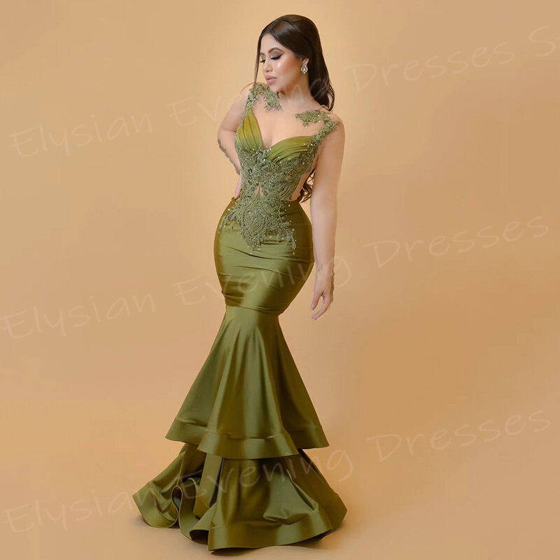 New Pretty Green Women's Mermaid Generous Evening Dresses O Neck Sleeveless Appliques Prom Gowns Tiered فساتين للمناسبات الخاصة
