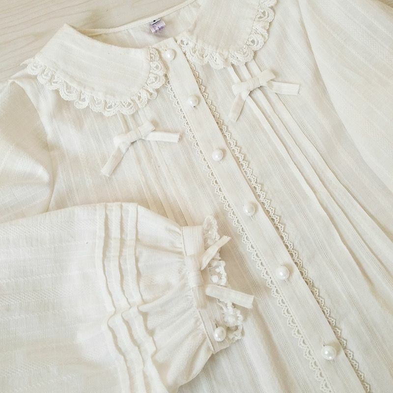 Cotton Solid Color White Lolita Inside With Doll Collar Bow Lace Long Sleeve Plush Thick Shirt Sweet
