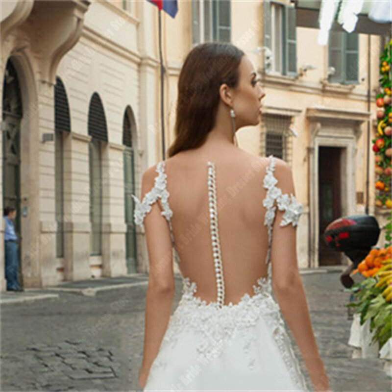 Celebrity Sweetheart Collar Bridal Gowns New Sleeveless A-Line Tulle Wedding Dresses Formal Lace Applique Party Vestido De Novia