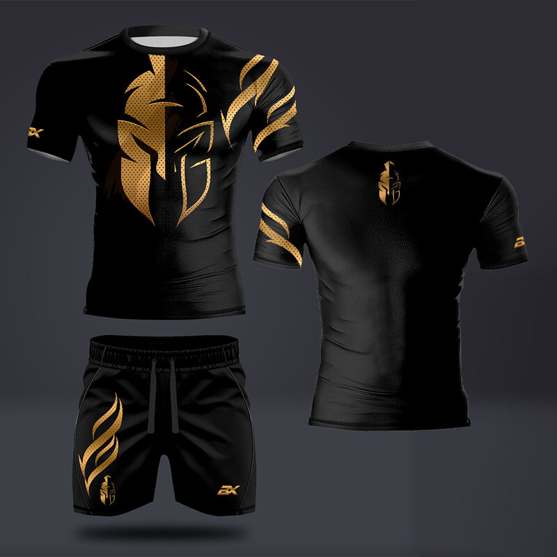 Y2K Men's Summer Sports Casual T-Shirt Set 2 Pieces Cool Metal Armor Print Street Fashion Set Short Sleeves and Shorts for Men