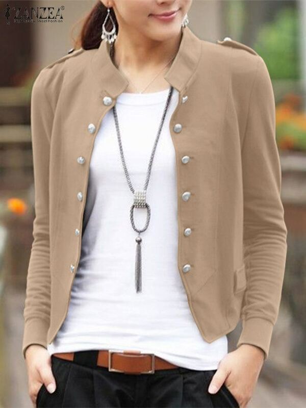 Zanzea Frauen trägt Frühling Vintage feste Jacken Mode Langarm Mäntel Knöpfe nach unten ol Arbeits mantel elegante Stand Neck Shirt