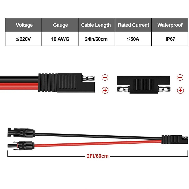 Panel Surya untuk SAE RV Adaptor Daya Baterai 10AWG Kabel Konektor Charger Kit dengan SAE Adaptor 2Ft/60Cm