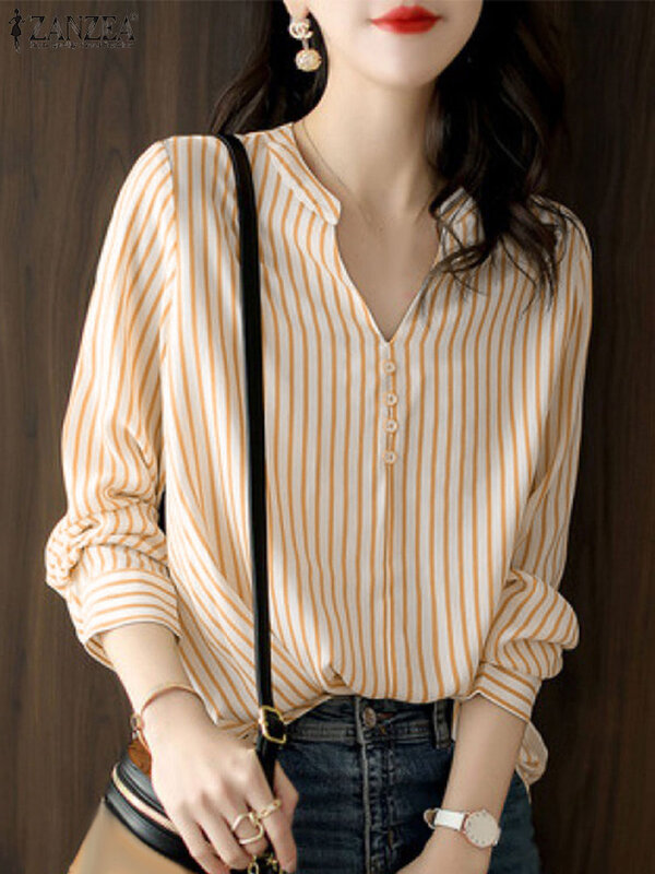 Женская Элегантная блузка ZANZEA в полоску с V-образным вырезом и длинным рукавом, Офисная Дамская рубашка, модные офисные топы, Повседневная Женская туника, блузка 2024