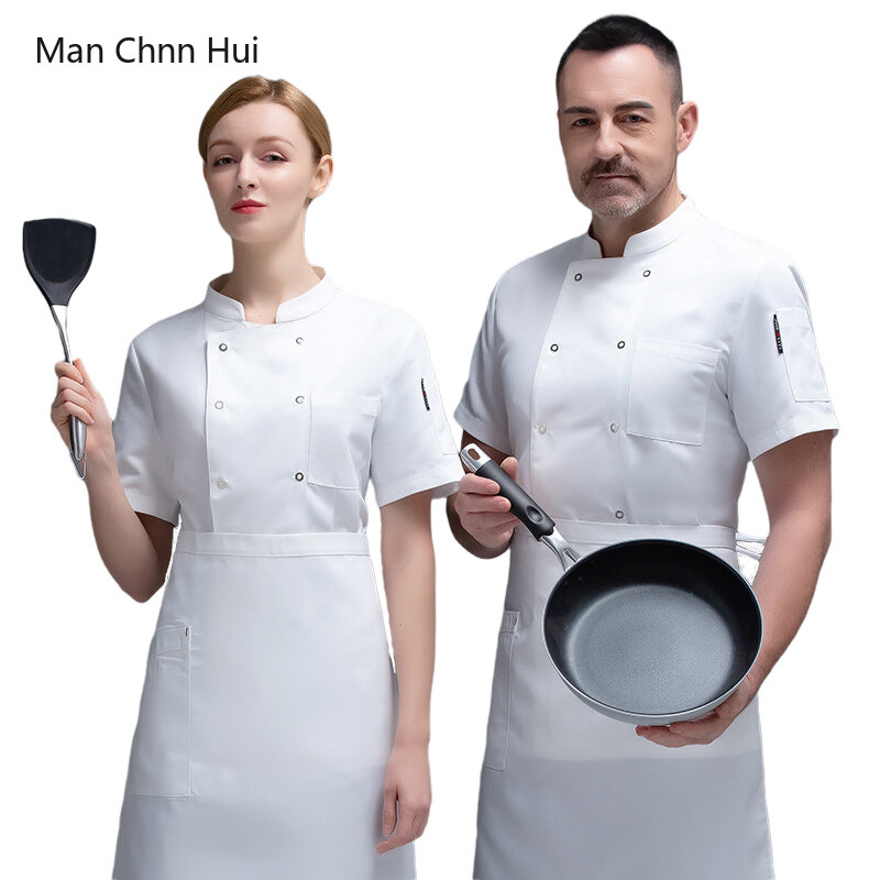 Biały fartuch szefa kuchni z krótkim rękawem restauracja kuchnia kurtka strój hotelowy zestaw hurtownia lato gotowanie ubrania fartuch oddychający kitel kucharz  koszula kucharska  ubrania do kuchni