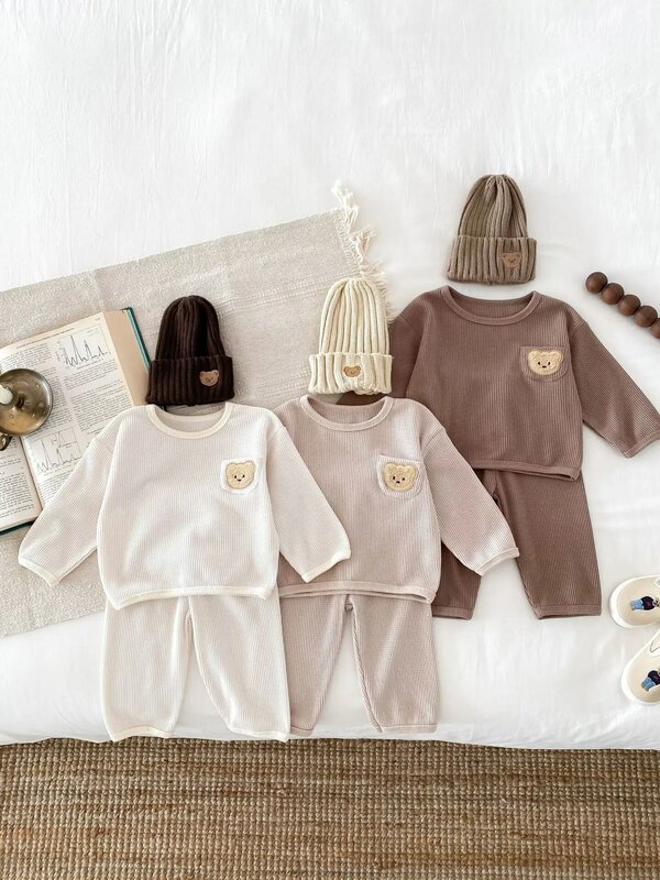 2024 Spring New Baby Long Sleeve Clothes Set Boy Girl Cartoon Bear Sweatshirt + Pants 2pcs Suit Infant Toddler Waffle Outfits