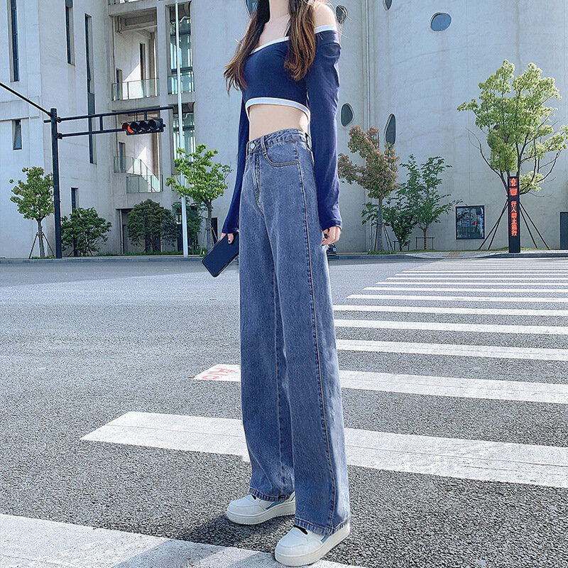 High waisted Straight leg Jeans For women's Autumn Winter Vintage Loose Wide leg long Pants Female Casual Denim Trousers