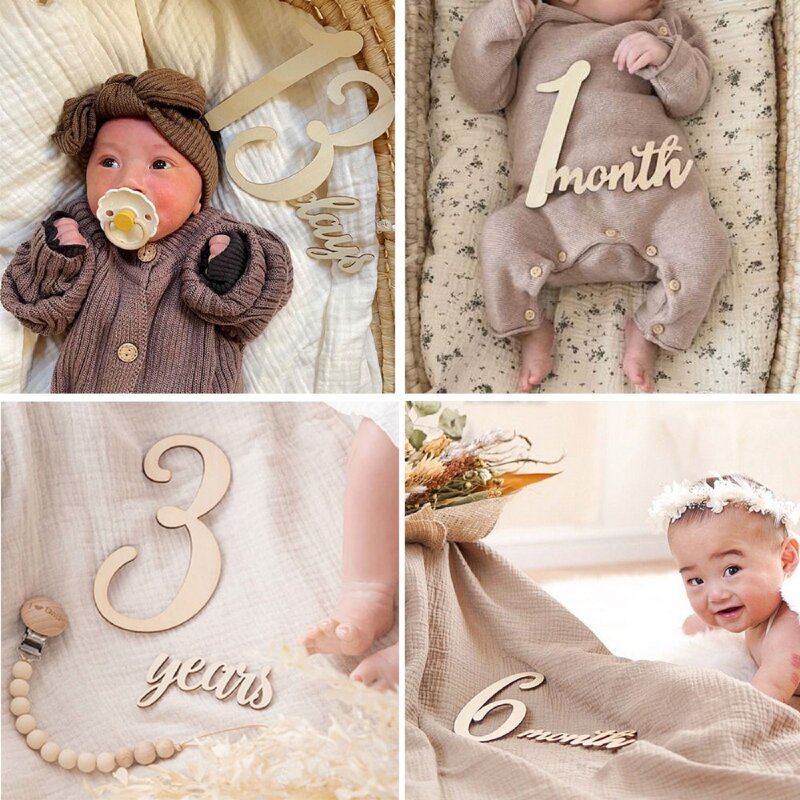 Newborn Wood Chip Card Photography Props Set Number Letters Date Props for Baby Girl Boy Baby Shower Bathing Gift Commemorative
