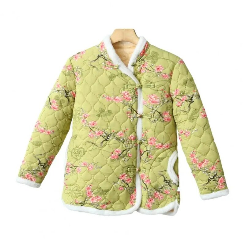 Jaqueta de algodão com estampa floral feminina, casaco acolchoado, forro de lã, pelúcia, decote V, botão de nó, bolso, grosso, quente, outono, inverno