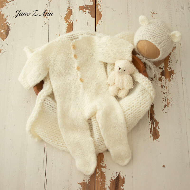 Neugeborene gestrickte Stram pler Hut Decke Bär Outfit für die Fotografie posiert Schicht Fuß Overalls einfarbig