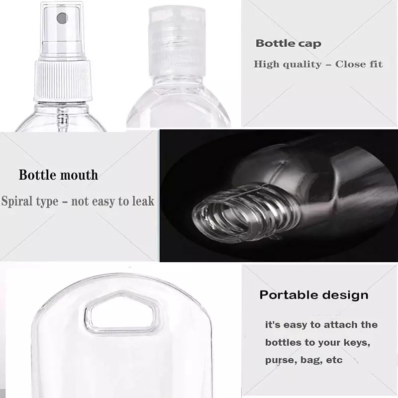 Botol kosong 30/50/60ml, 10 buah botol perjalanan bening portabel dengan Flip Carabiner dan wadah tutup semprot untuk cairan alkohol gosok tangan