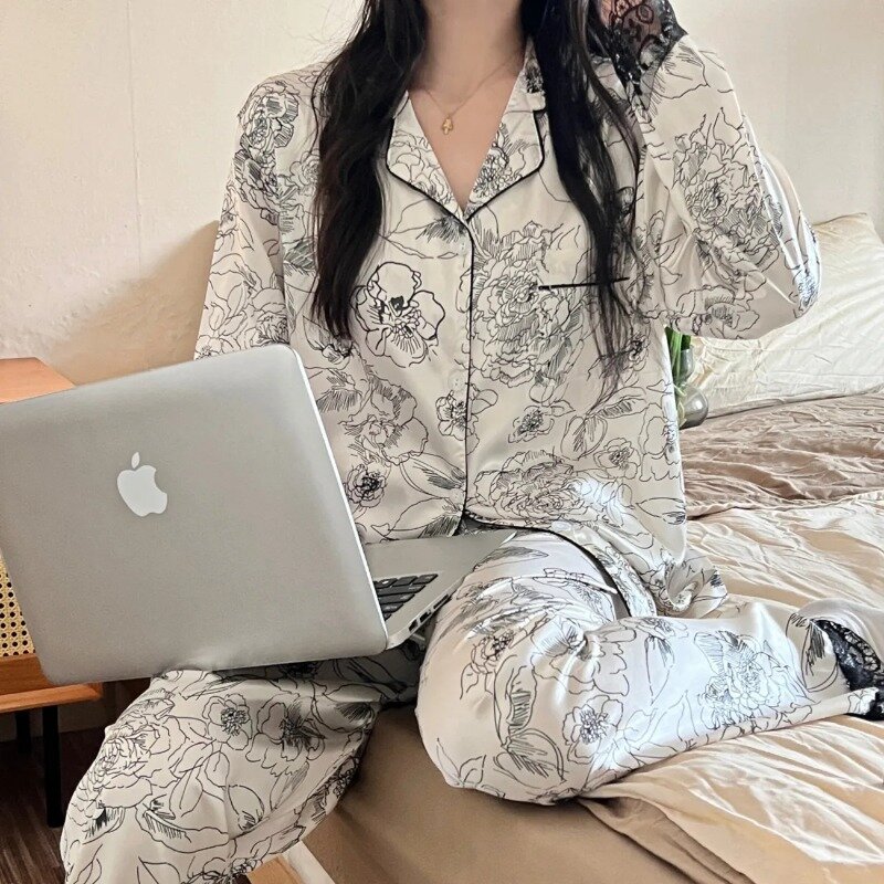 Hoge Kwaliteit Pyjama Vrouwen Lente Herfst V-Hals Nachtkleding Japanse Dunne Ijs Zijde Loungewear Lange Mouwen Homewear Slaapzaal Set