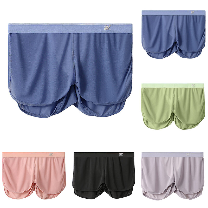 Mens Ice Silk Underwear Home Shorts Panties Boxers Briefs Side Slit Underpants See-Through Boxershorts Breathable Soft Panties