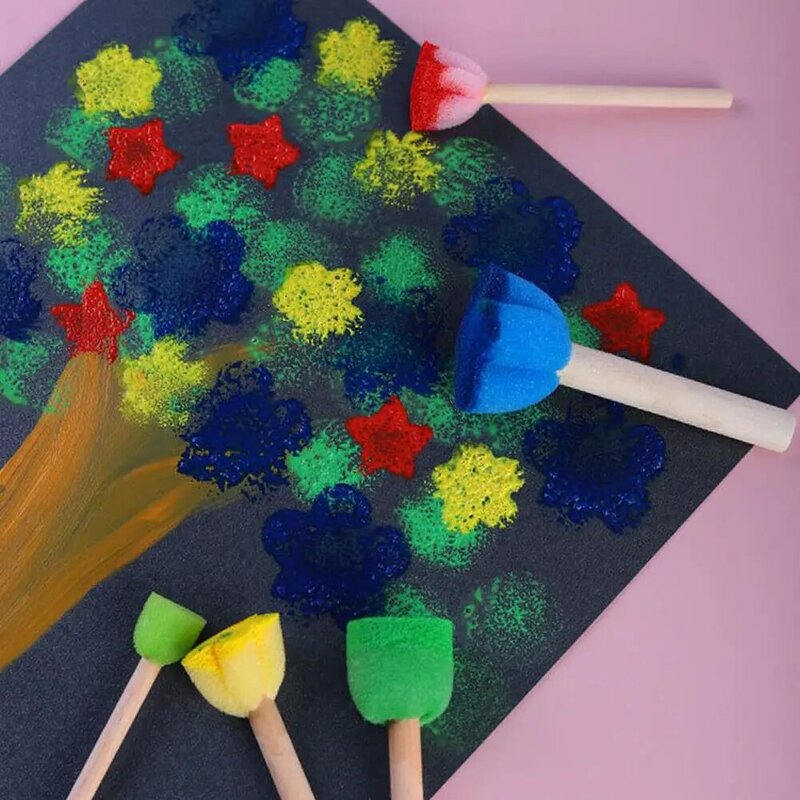 5Pcs Sponge Stamp Stick Flower Pattern Painting Stamp For Kids Wooden Handle Non-toxic Kids DIY Painting Stencils Arts Tool