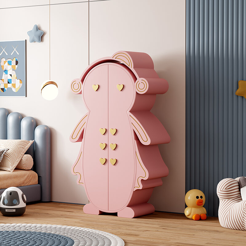 Lichte Luxe Garderobe Kinderkast Klein Appartement Moderne Garderobe Cartoon Kinderen Roze Blauw Massief Hout Twee Deuren Open
