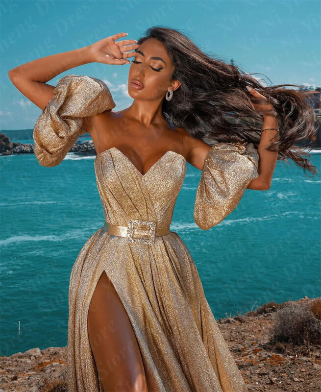 Elegante vestido dourado com gola querida, vestido sexy de alta linha A, vestido de baile longo árabe, vestido de festa formal de Dubai, Novo, 2022