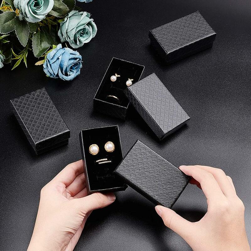 24pcs Rectangle Cardboard Boxes Black Rhombus Pattern Paper Box with Sponge for Earring Necklace Jewelry Storage Gift Container