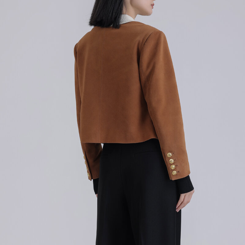 Jaket kulit Suede untuk wanita 2023 musim dingin wanita leher bulat logam kancing sebaris lengan panjang atasan pendek kasual mantel Chaqueta
