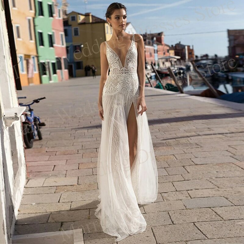 2024 Fascinating A Line Women's Wedding Dresses Pretty Appliques Lace Bride Gowns Sexy Deep V-Neck Side Split Vestidos De Novias
