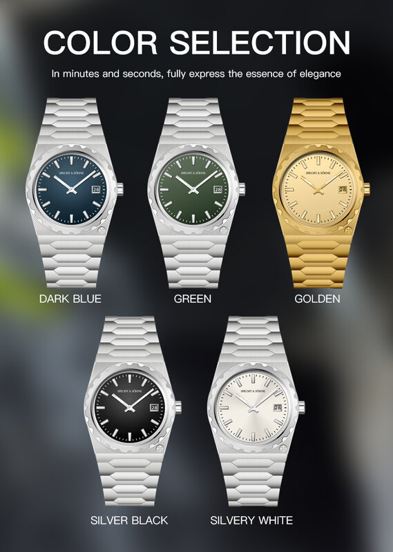 Specht & Sohne Relógio Quartz Masculino, Relógio de pulso ultrafino Sapphire, aço inoxidável luminoso, ouro impermeável, ouro PVD, 222, 37mm