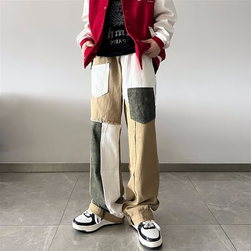 Hip-hop high street calças retas masculina moda americana emenda contraste cor calças de perna larga design calças esportivas casuais