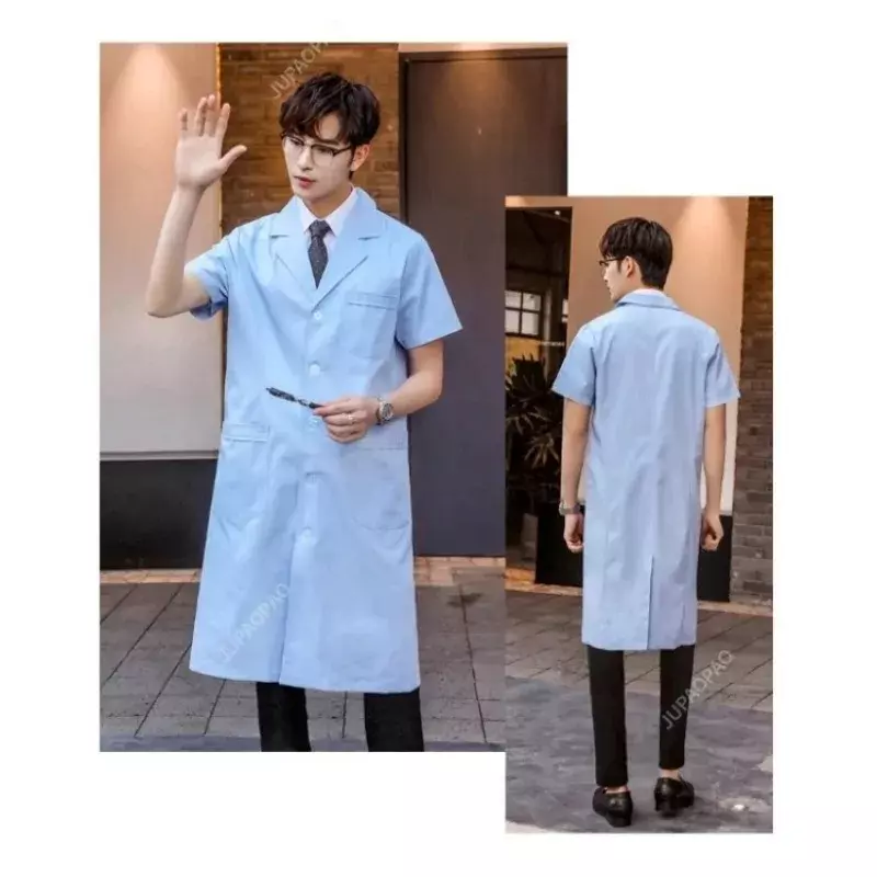 Abrigo de laboratorio de manga corta para mujer, vestido de médico y enfermera, uniformes médicos de manga larga, chaqueta blanca, cinturón ajustable