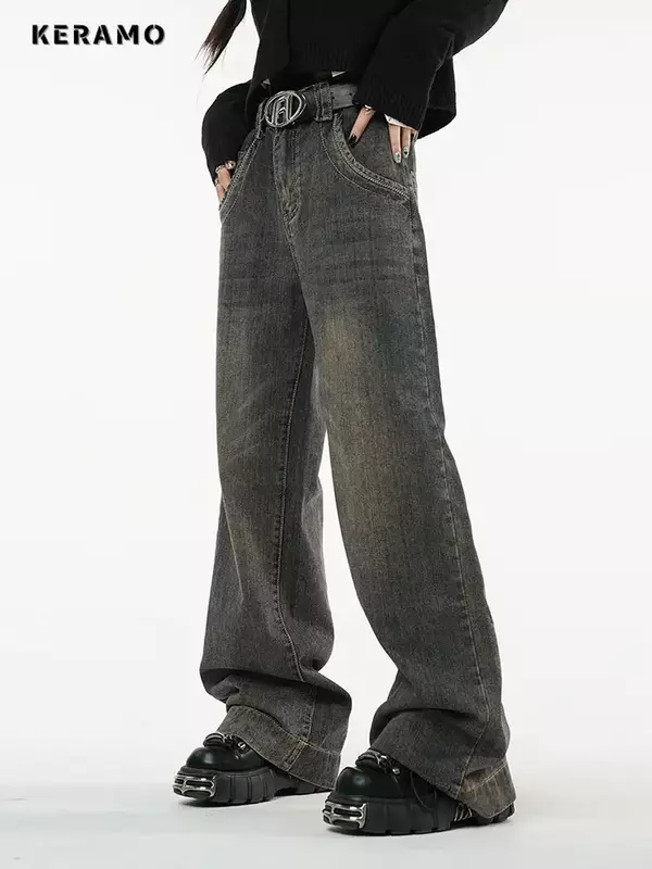 Dżinsy w stylu Harajuku wysokiej talia, moda uliczna luźne dżinsy z lat 90. Hip-hopowe damskie spodnie prosta szeroka nogawki Oversize 2000s 2024 Y2K Feamle