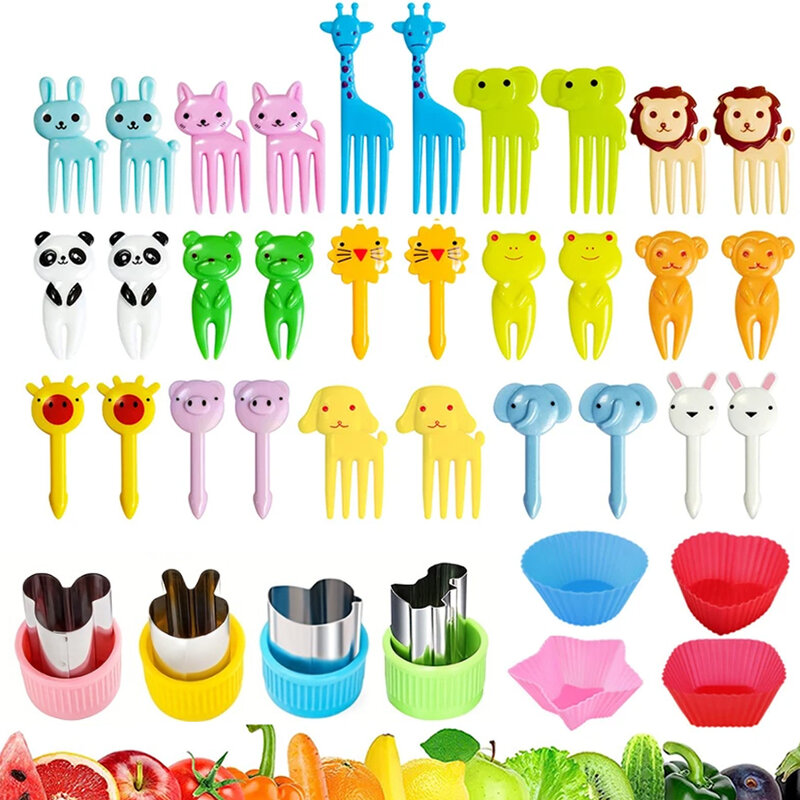 30/38Pcs Animal Food Selection Reusable Cute and Fun Cartoon Animal Fruit Food Toothpicks Fruit Salad Fork Bento Box Accessories