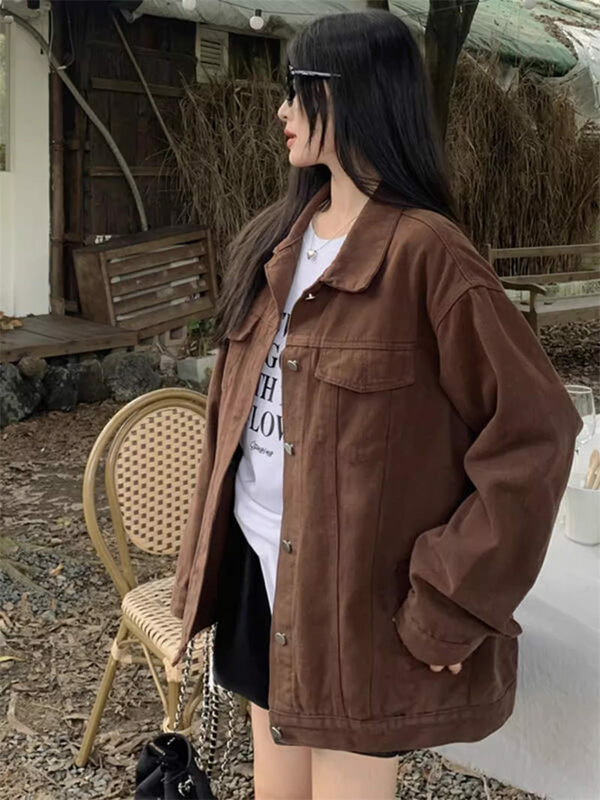 Retro Brown Denim Jacket For Female Students Spring And Autumn 2024 New Small Workwear Casual Top Vintage Jeans Coat K1023