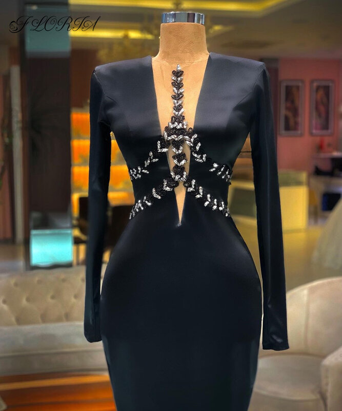 Robe de soirée noire en Satin à manches longues, style sirène, avec perles, longueur au sol, pour femmes de dubaï, 2023