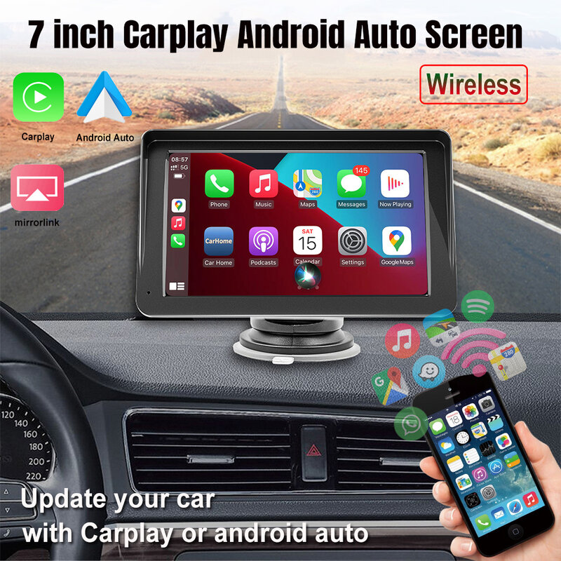 Leitor de vídeo multimídia automotivo, CarPlay universal, Android, Auto, Rádio, 7 ", Portátil, Tela sensível ao toque, USB, AUX, Câmera de visão traseira