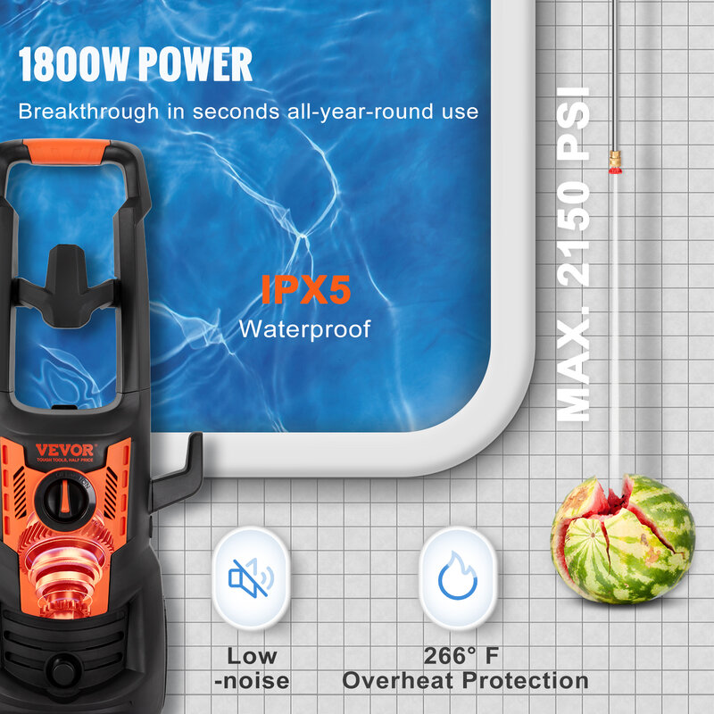 Vevor-lavadora de pressão elétrica portátil 2150/2300psi, com motor de cobre, multifuncional, poderosa pistola d'água