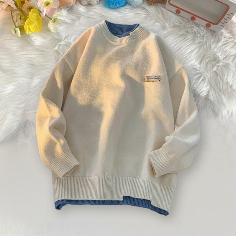 Fake Two-piece Sweater Thick Knitted Men's Fall Winter Sweater with O Neck Long Sleeve Loose Fit Casual Pullover for Warmth