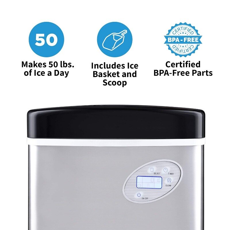 Newair Portable Ice Maker 50 lb. Daily, 12 Cubes in Under 7 Minutes - Compact Countertop Design - 3 Size Bullet Shaped Ice